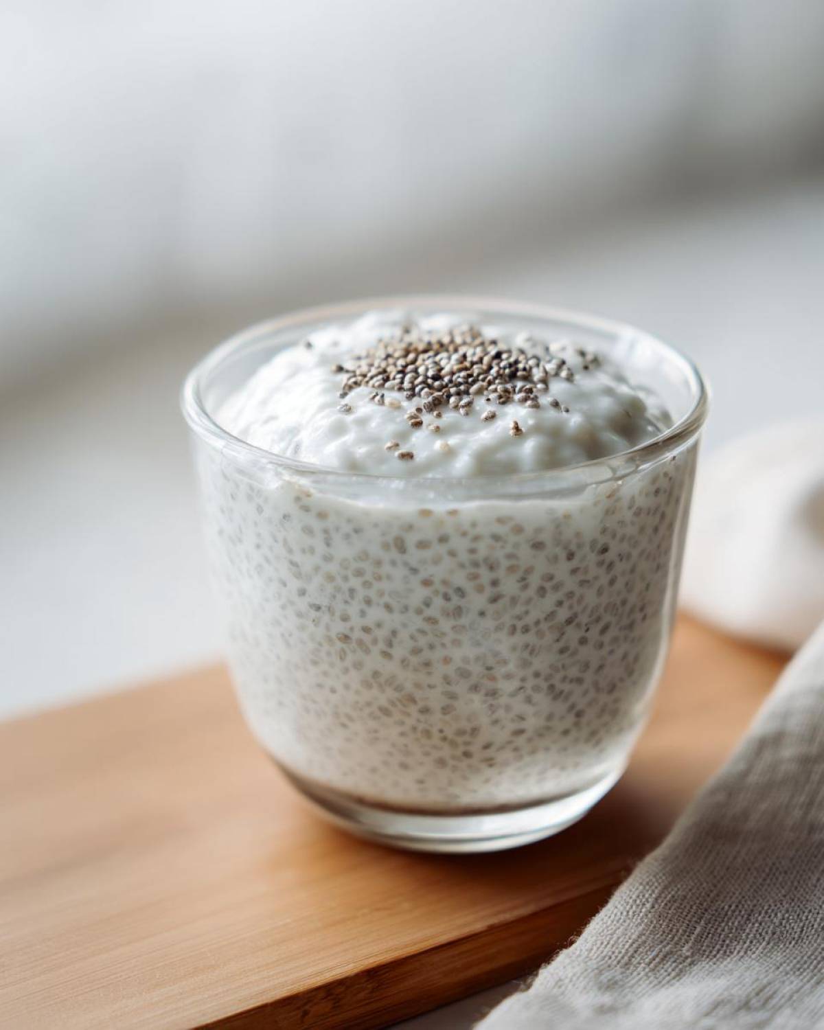 Close-up of creamy coconut chia pudding in a clear glass, topped with dry chia seeds.