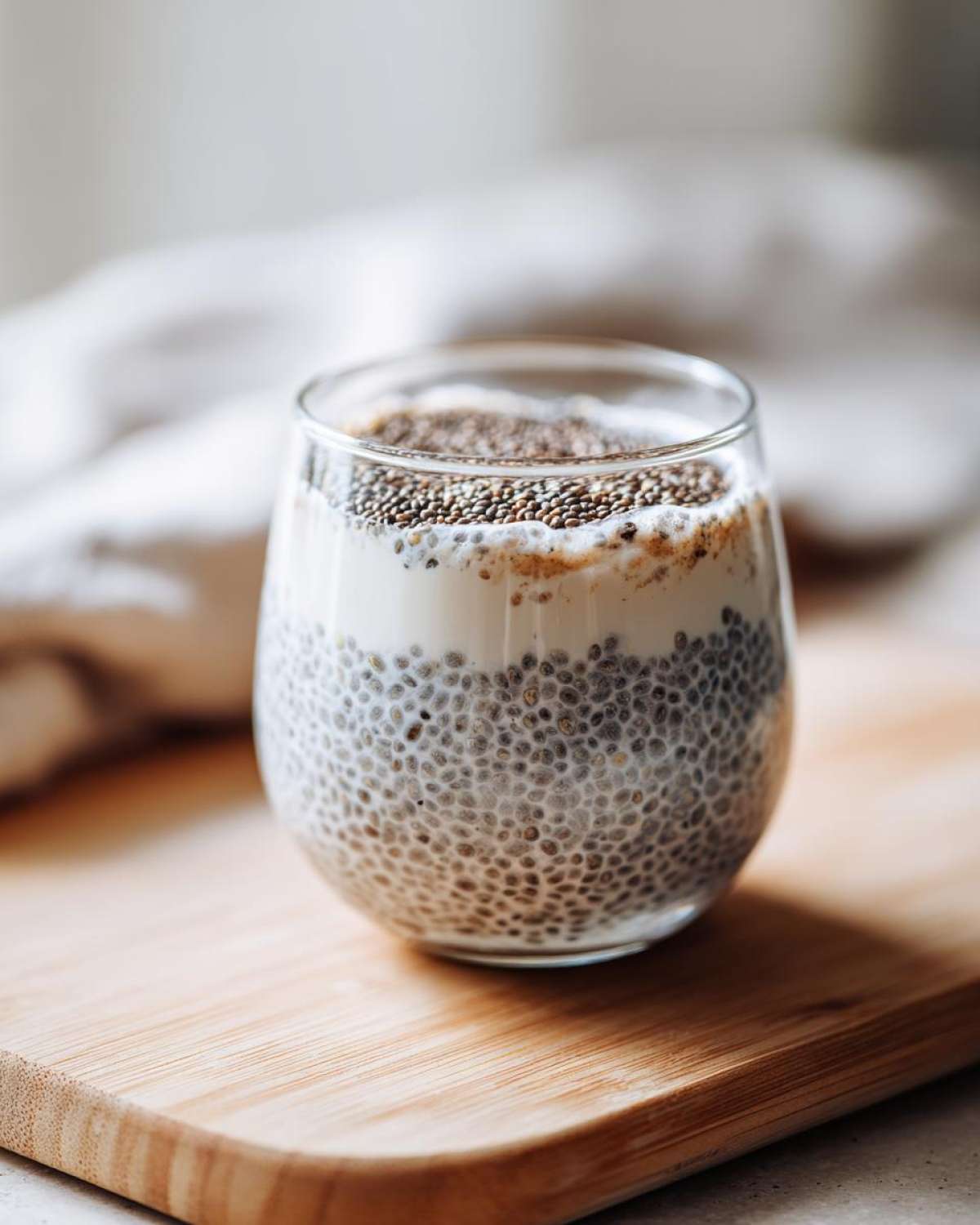 Close-up of creamy coconut chia pudding layered in a glass, topped with dry chia seeds.