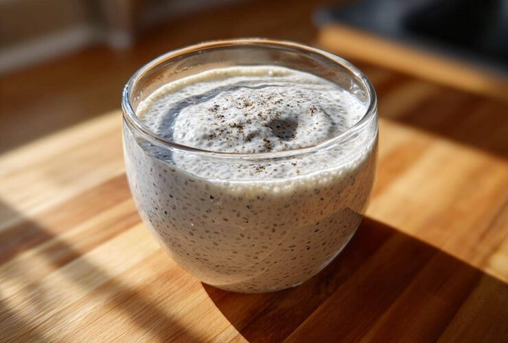 A glass of creamy coconut chia pudding topped with a sprinkle of dark spice on a wooden surface.