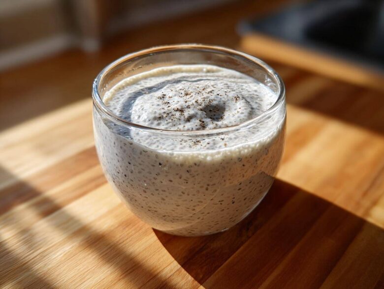 A glass of creamy coconut chia pudding topped with a sprinkle of dark spice on a wooden surface.