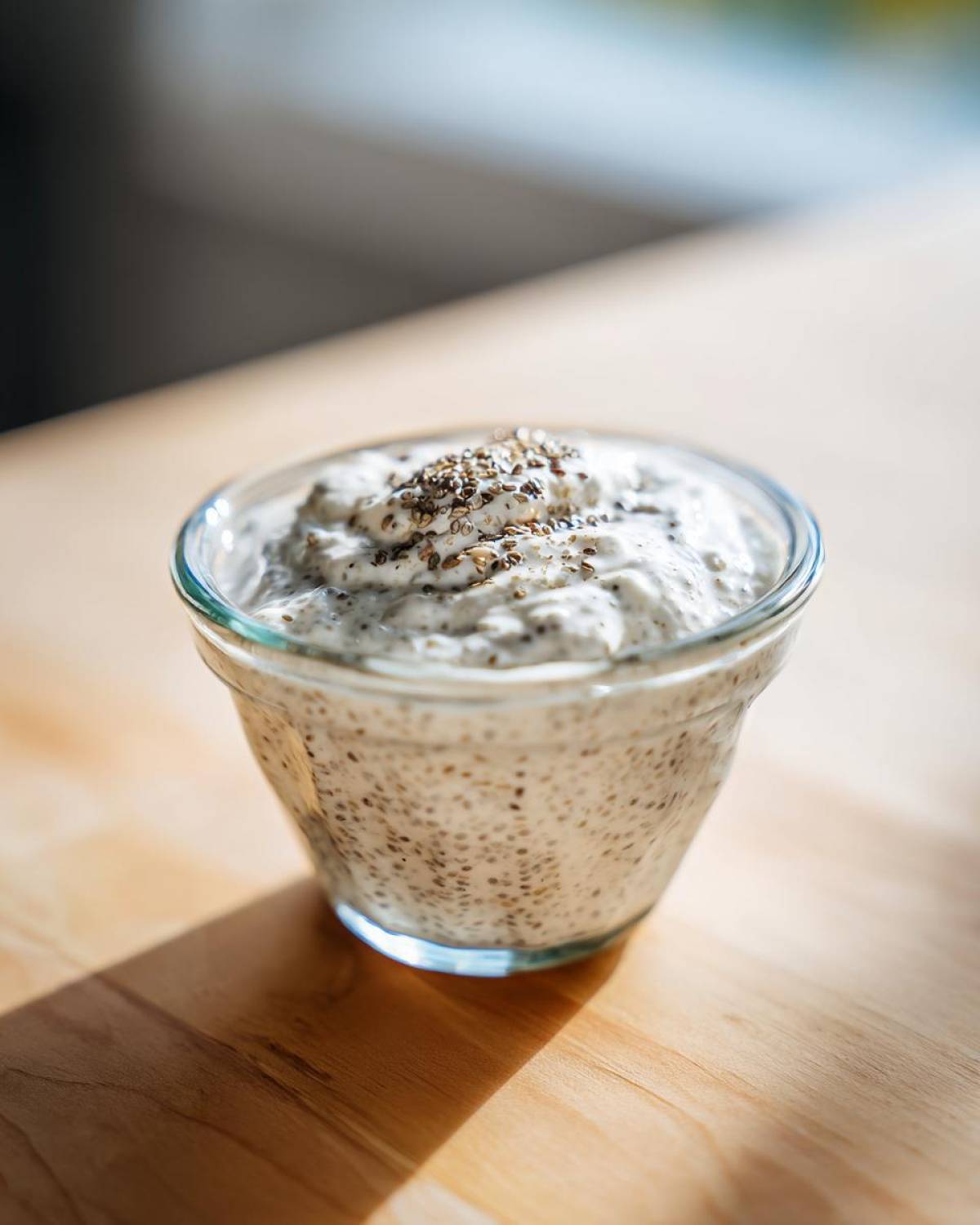 A close-up of creamy coconut chia pudding in a small glass bowl, topped with extra chia seeds.