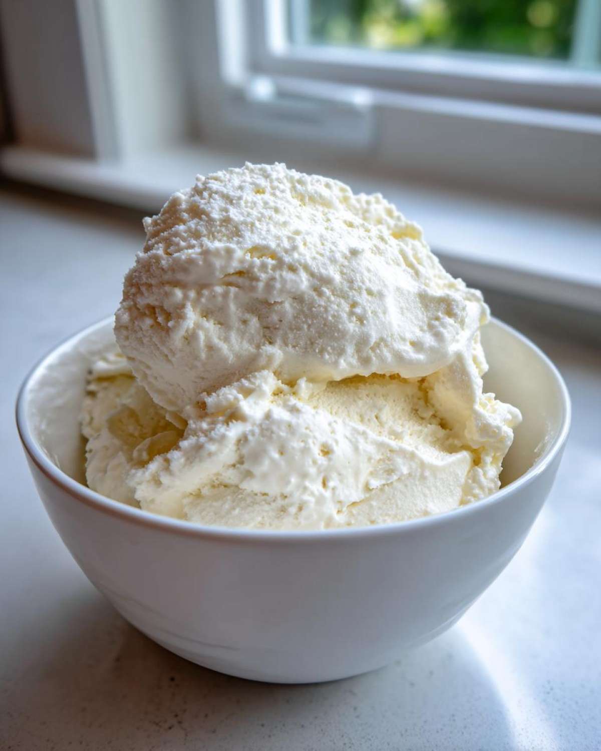 A large scoop of creamy, white cottage cheese ice cream served in a simple white bowl near a window.