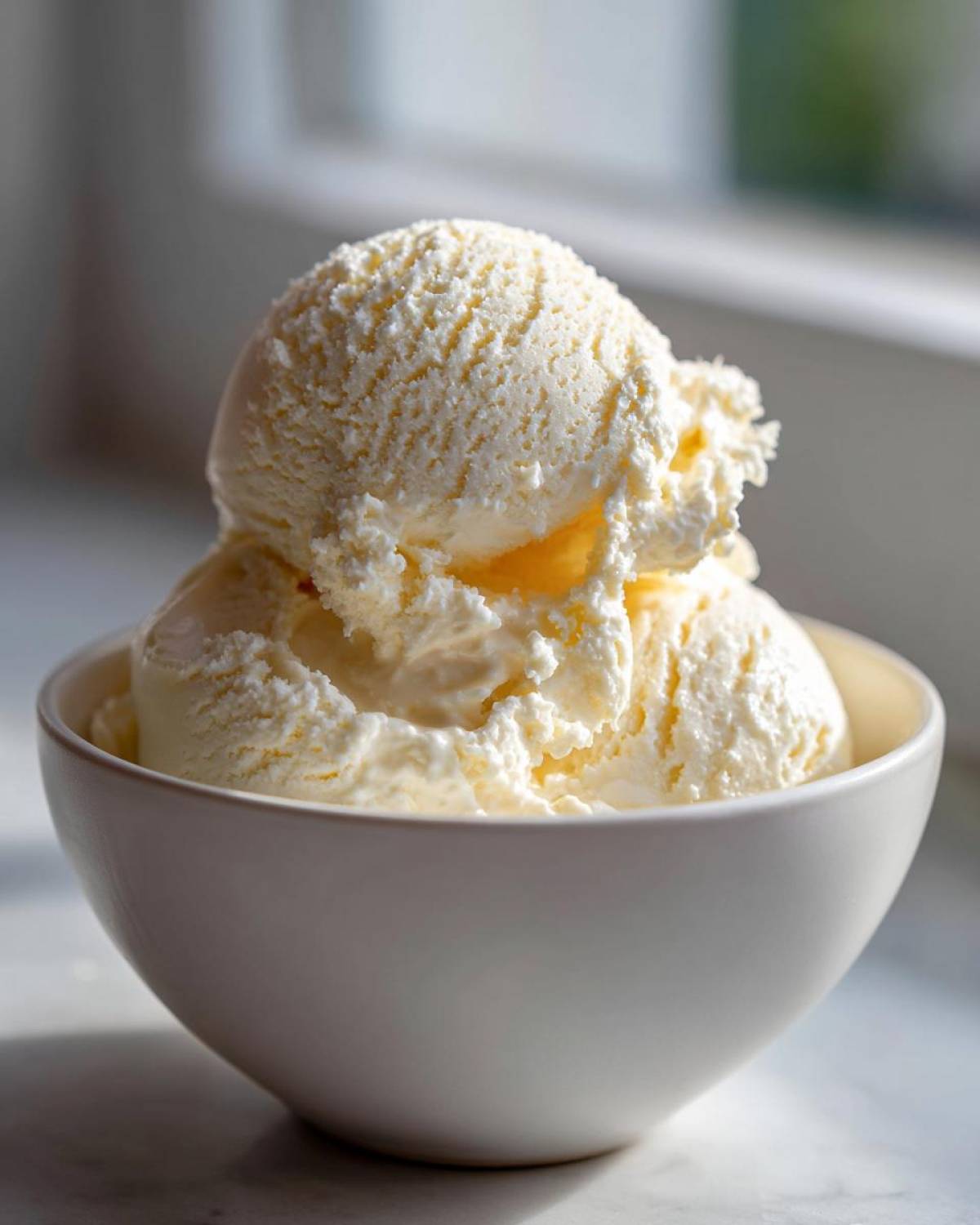 Two scoops of creamy, pale yellow cottage cheese ice cream served in a simple white bowl.