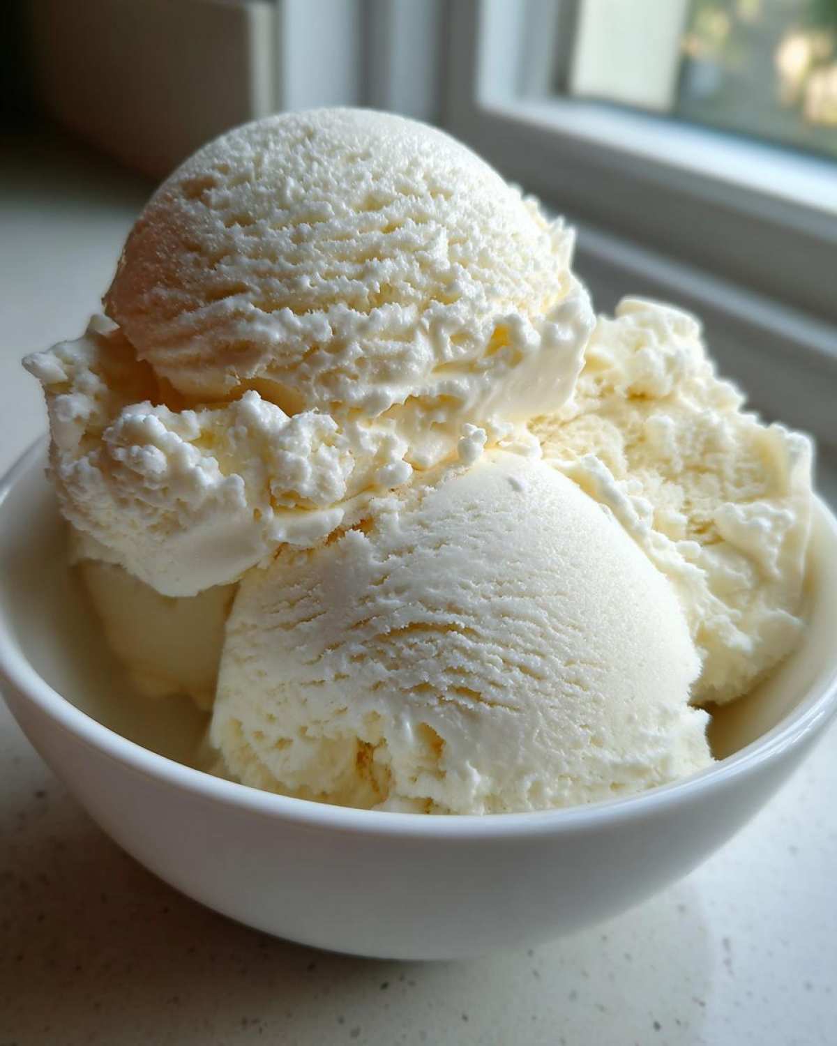 Three scoops of creamy, white cottage cheese ice cream served in a small white bowl near a window.
