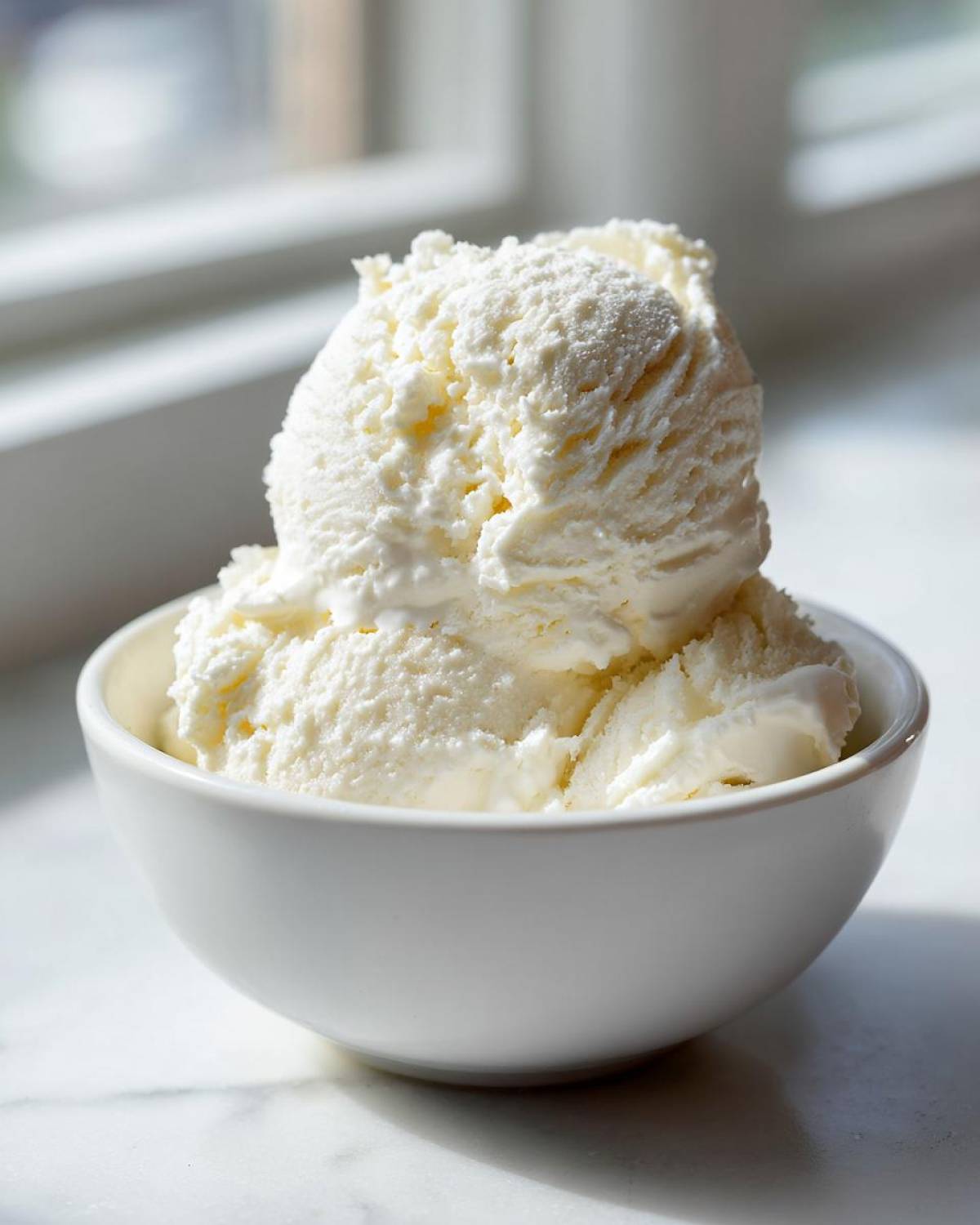Two generous scoops of creamy white cottage cheese ice cream served in a small white bowl.