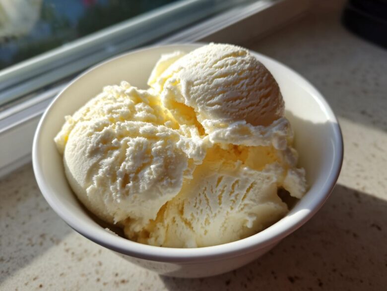 Close-up of creamy, vanilla-colored cottage cheese ice cream scoops served in a white bowl near a window.