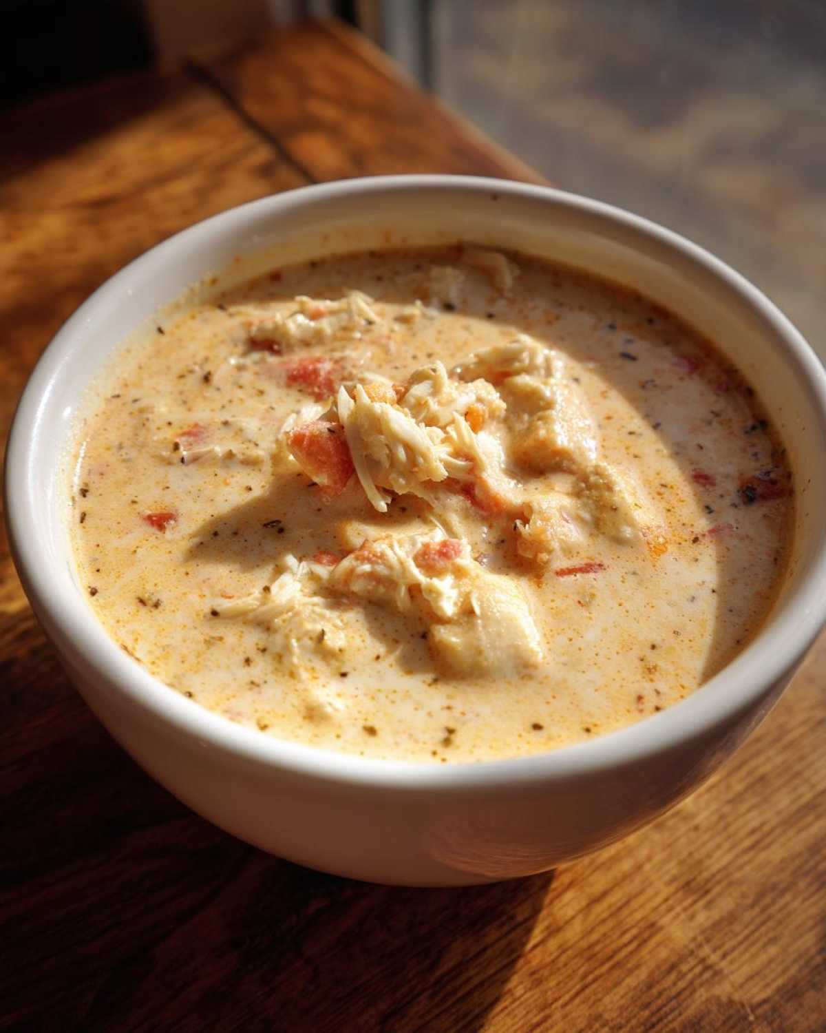 A close-up view of a white bowl filled with creamy crab soup, featuring visible chunks of white crab meat and diced tomatoes.