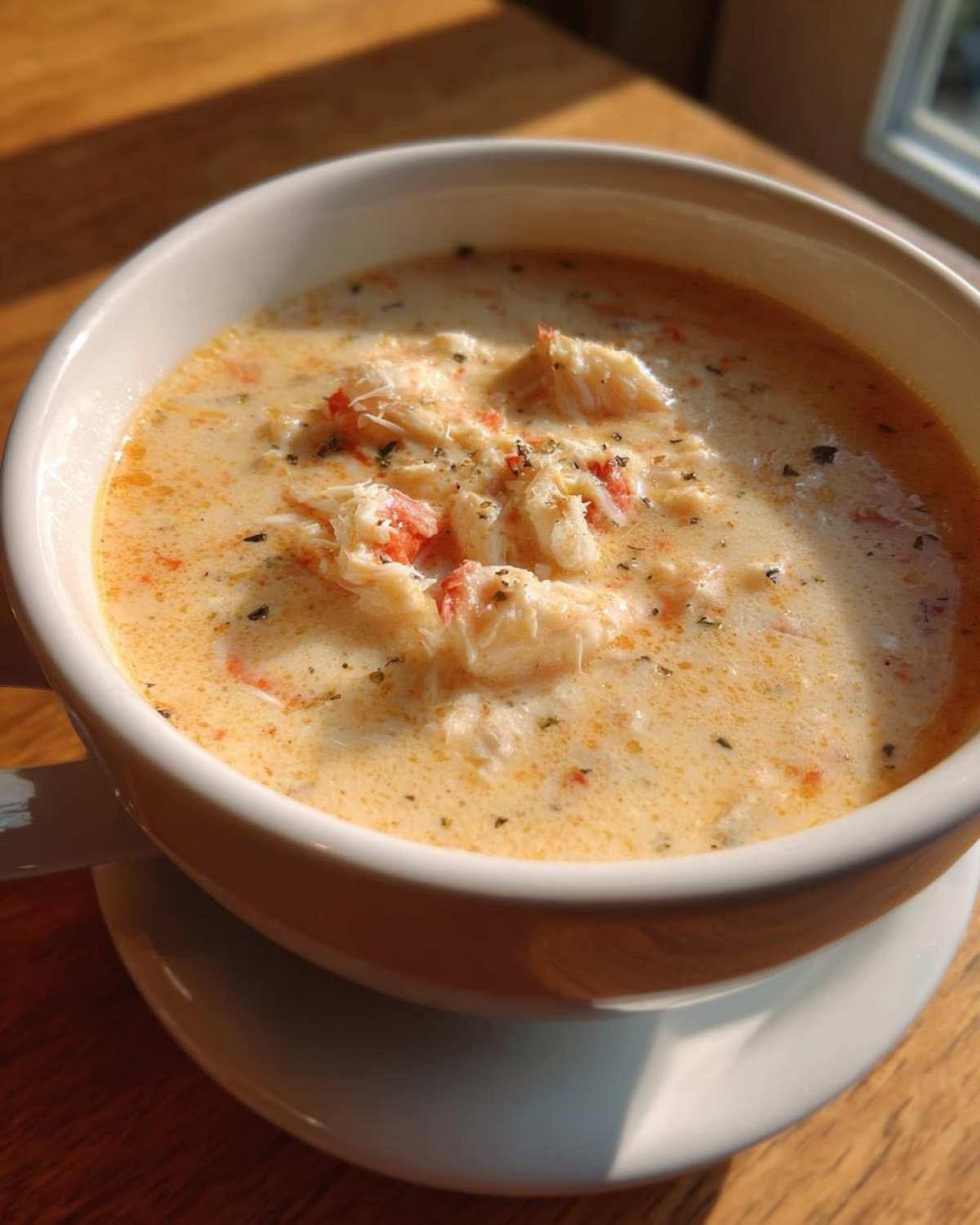 A close-up, sunlit view of a white bowl filled with rich, creamy crab soup topped with shredded crab meat and herbs.