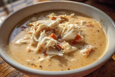Close-up of a bowl of rich, creamy crab soup generously topped with large flakes of white and orange crab meat.