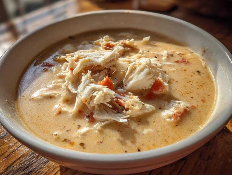 Close-up of a bowl of rich, creamy crab soup generously topped with large flakes of white and orange crab meat.