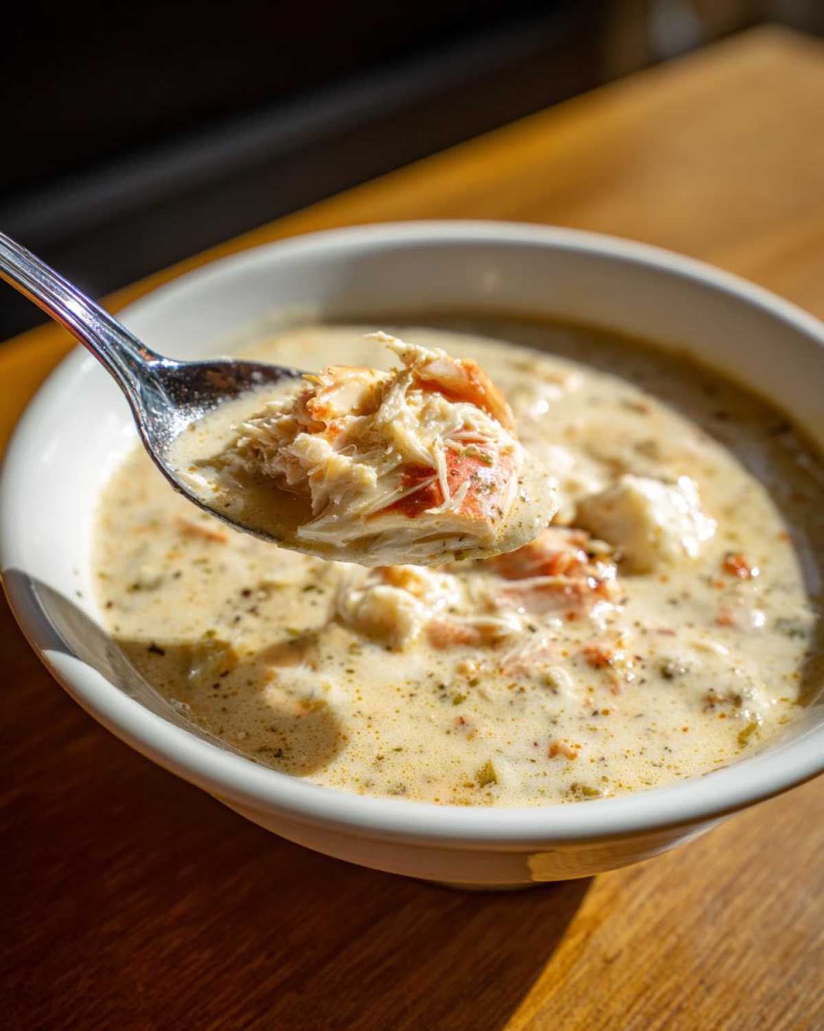 A spoonful of creamy crab soup, loaded with visible flakes of white and orange crab meat, lifted from a white bowl.