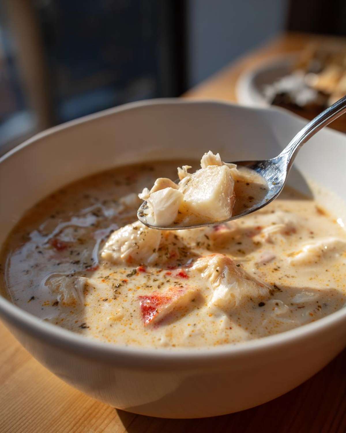 A spoonful lifted from a bowl of creamy crab soup, showing large chunks of white crab meat.