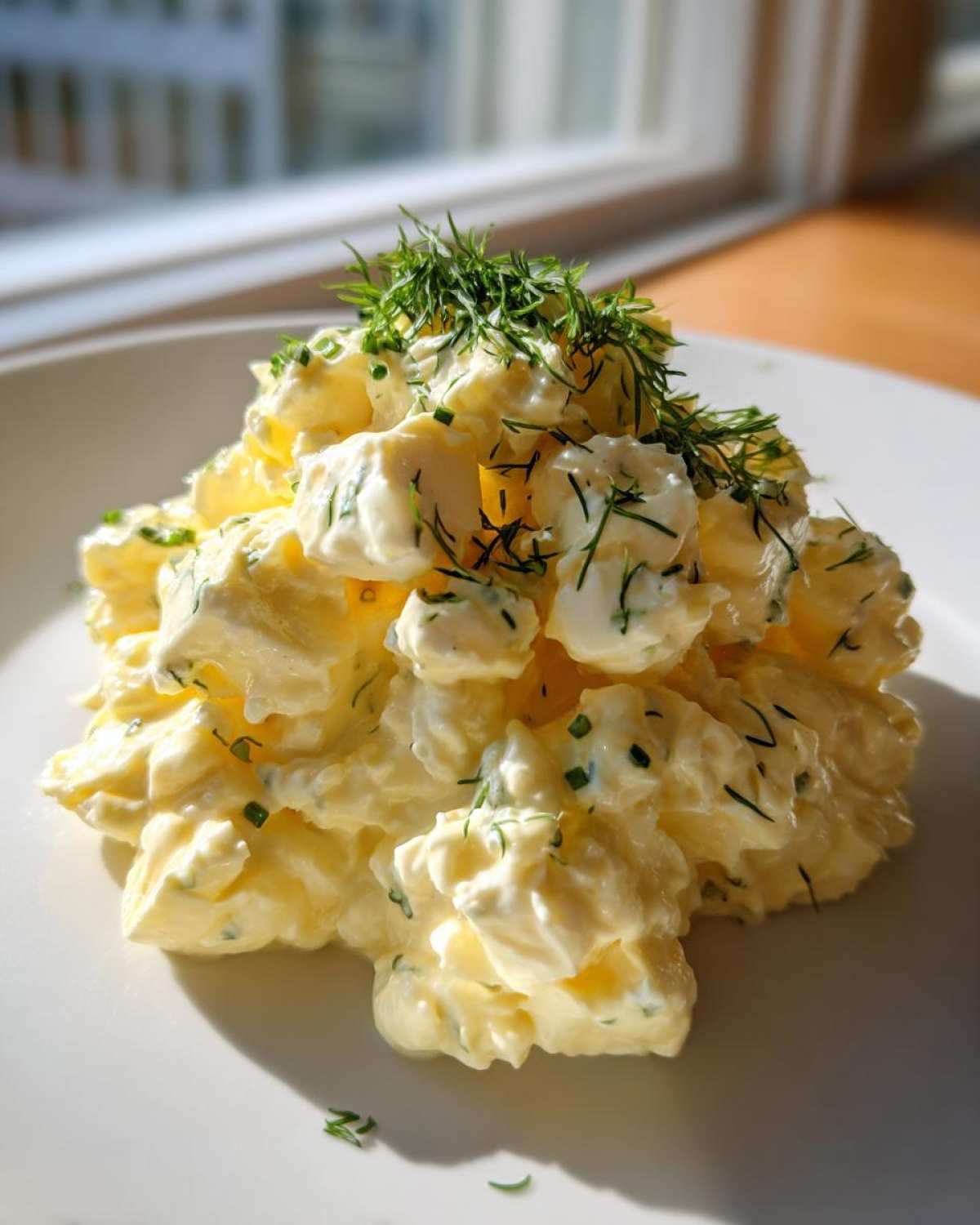 A mound of creamy egg salad, generously topped with fresh dill, served on a white plate.