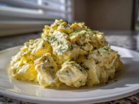 A mound of creamy egg salad, featuring large chunks of egg coated in yellow dressing and sprinkled with fresh dill.