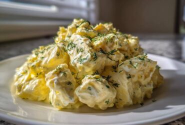 A mound of creamy egg salad, featuring large chunks of egg coated in yellow dressing and sprinkled with fresh dill.