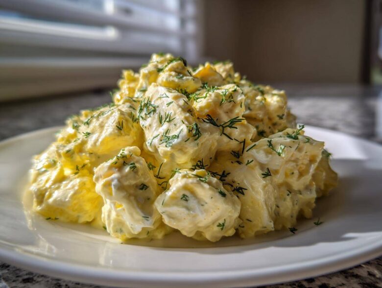 A mound of creamy egg salad, featuring large chunks of egg coated in yellow dressing and sprinkled with fresh dill.