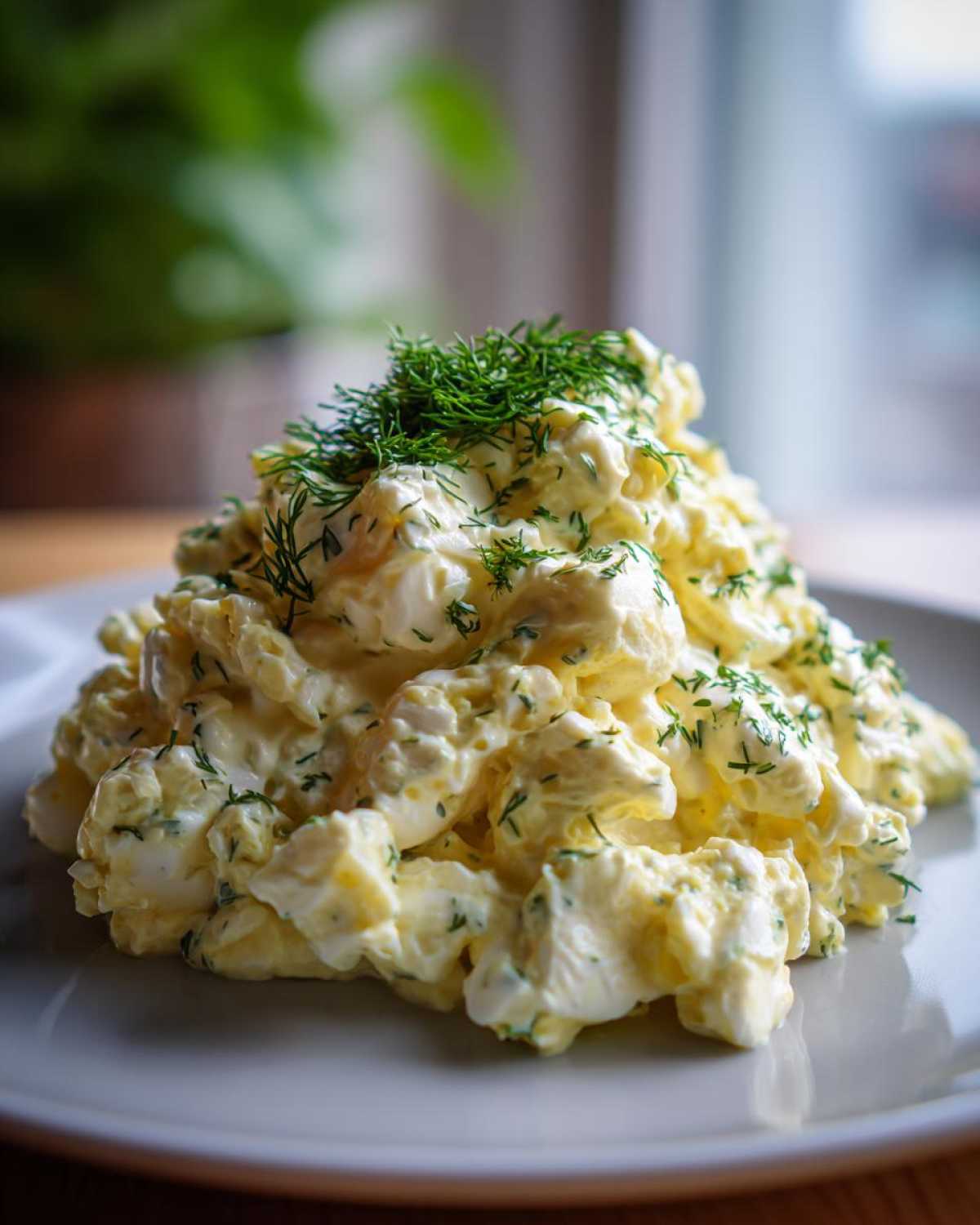 A generous mound of creamy egg salad, topped with fresh dill, served on a light gray plate.