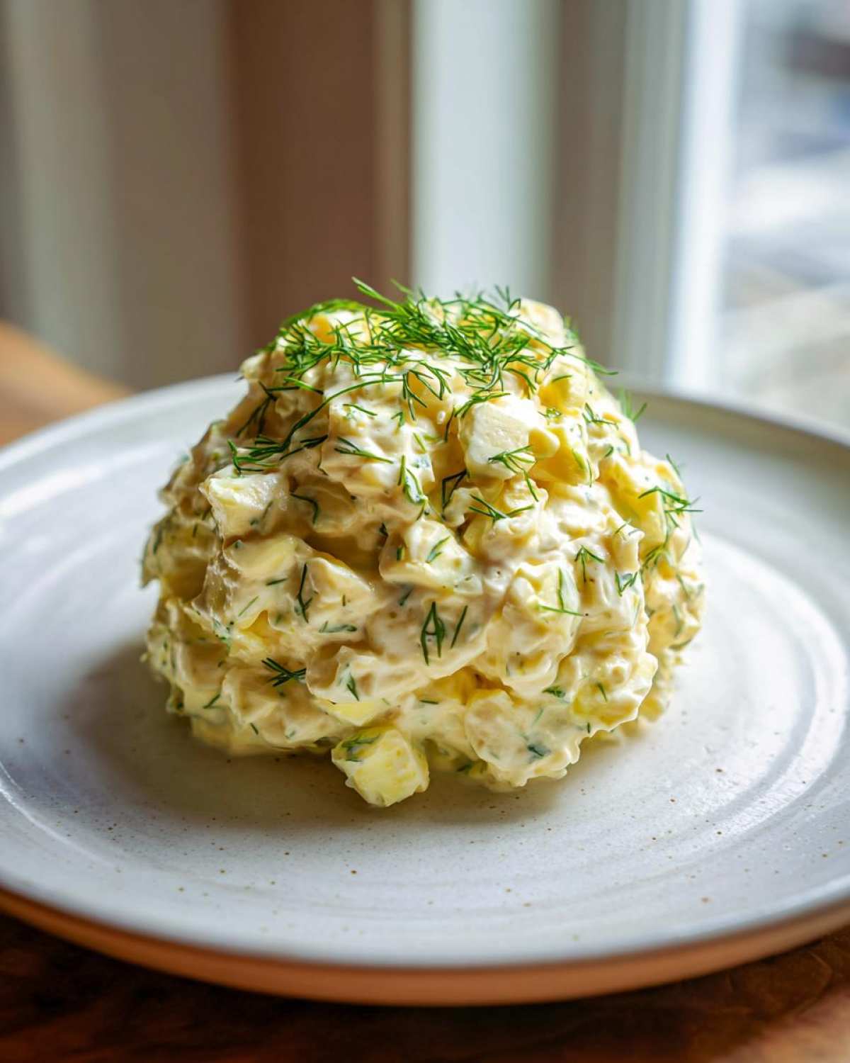 A perfectly scooped mound of creamy egg salad, mixed with herbs and topped with fresh dill, served on a speckled white plate.