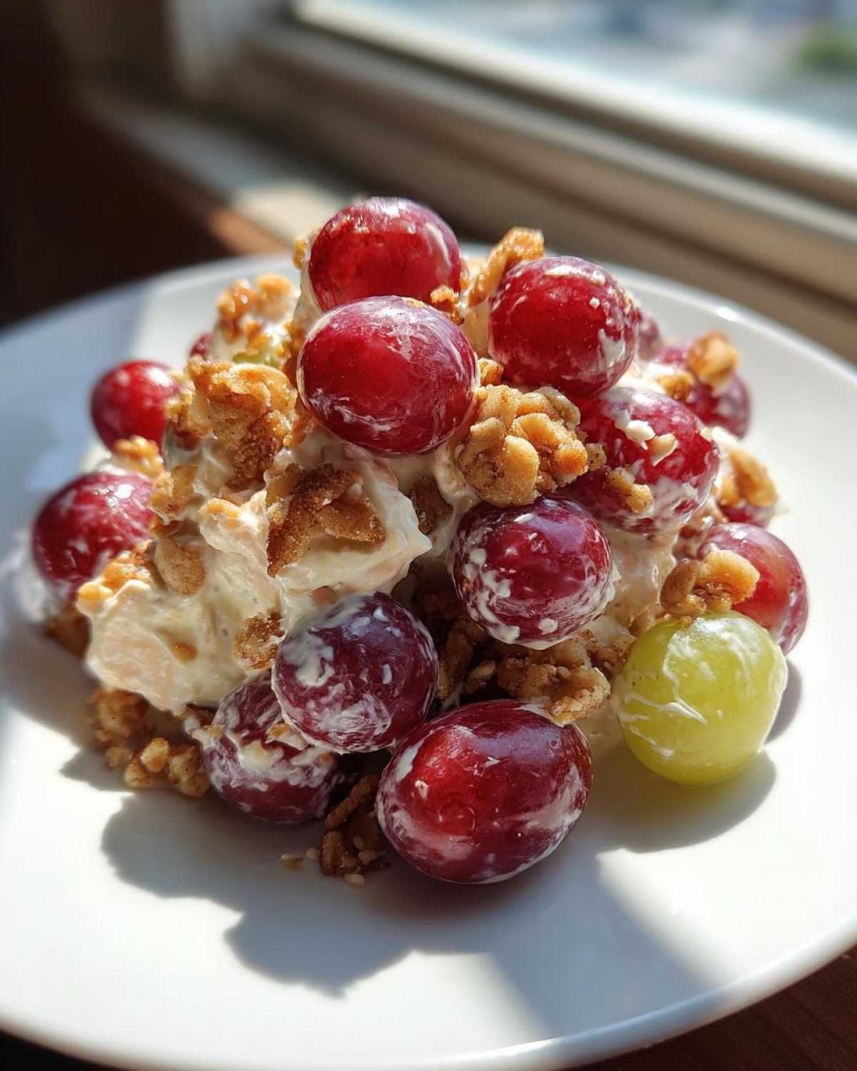 A scoop of creamy salad mixed with red and green grapes and topped with crunchy pecans, resembling chicken salad chick grape salad.