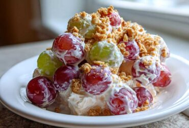 Close-up of a serving of creamy grape salad chick style, featuring red and green grapes coated in dressing and topped with crushed nuts.