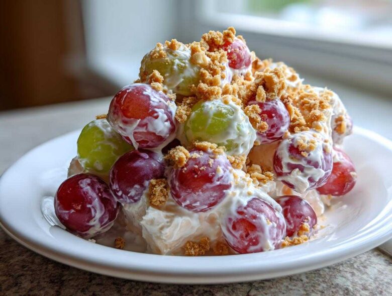 Close-up of a serving of creamy grape salad chick style, featuring red and green grapes coated in dressing and topped with crushed nuts.