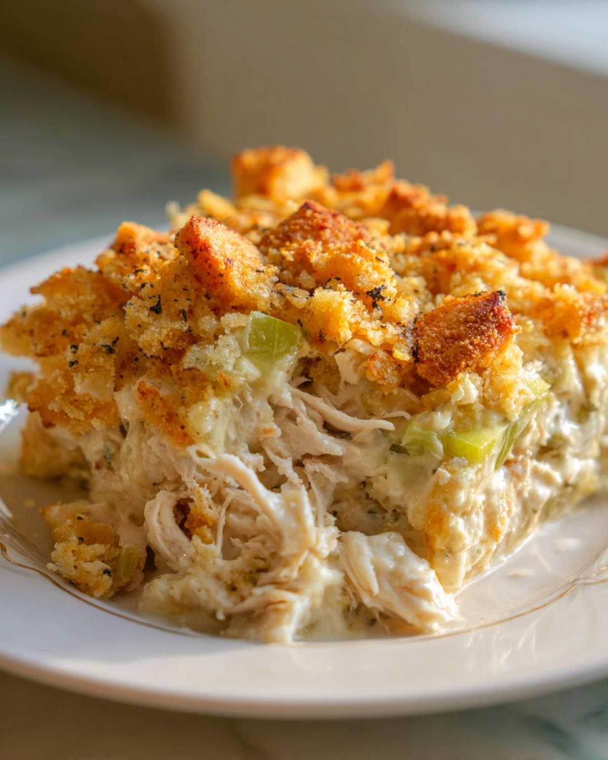 A close-up serving of creamy hot chicken salad topped with golden, crunchy stuffing crumbs.