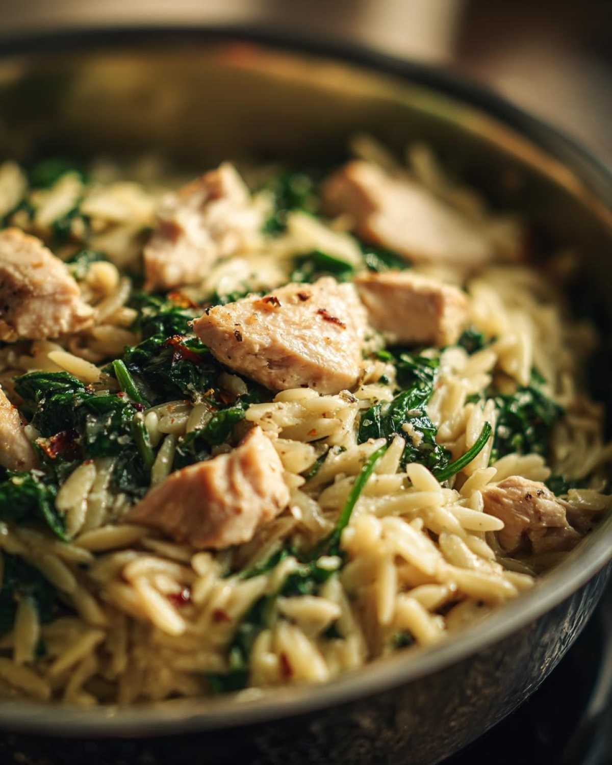 Close-up of creamy lemon chicken orzo mixed with wilted spinach, served directly in a skillet.