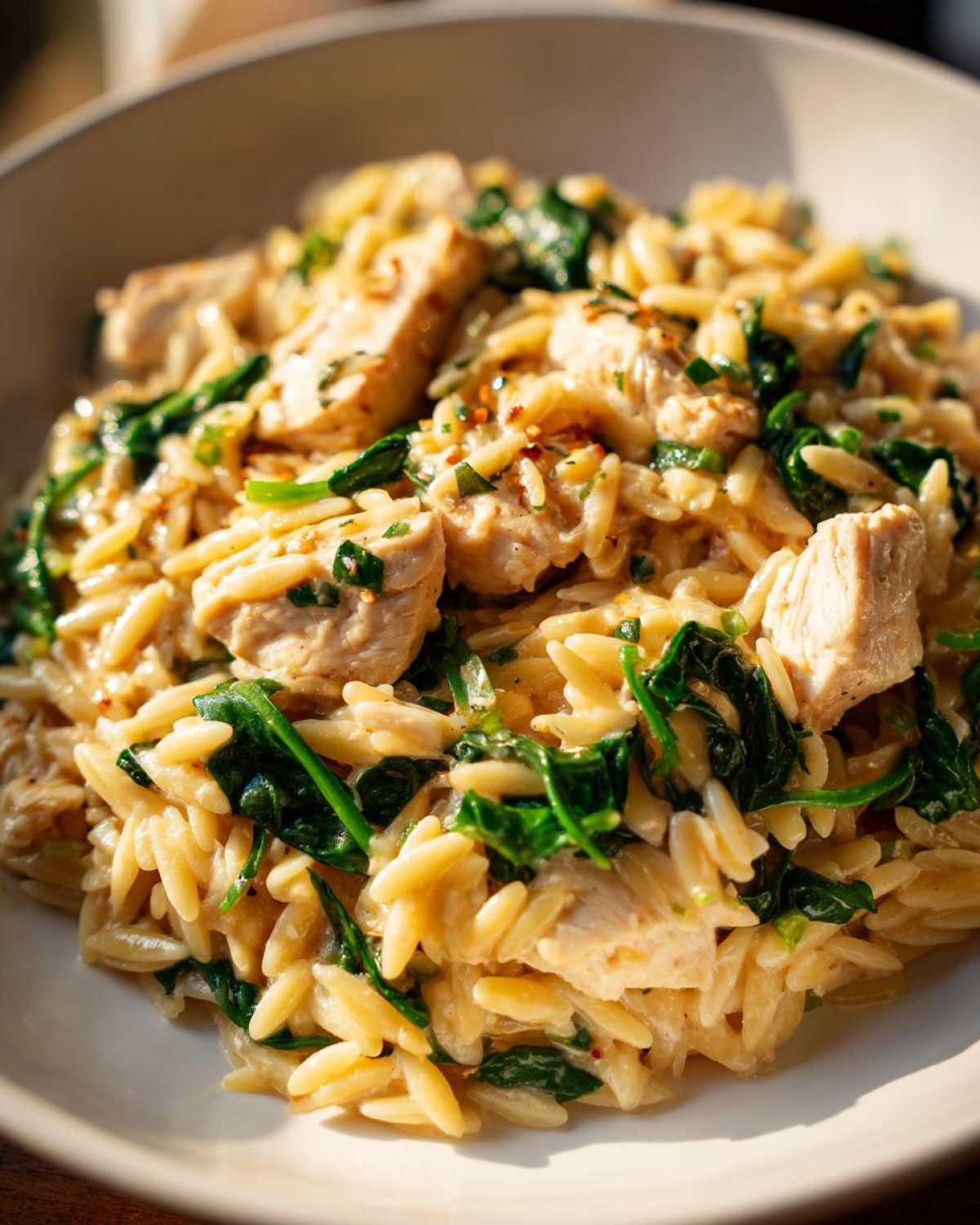 Close-up of creamy lemon chicken orzo mixed with wilted spinach and seasoned with herbs.