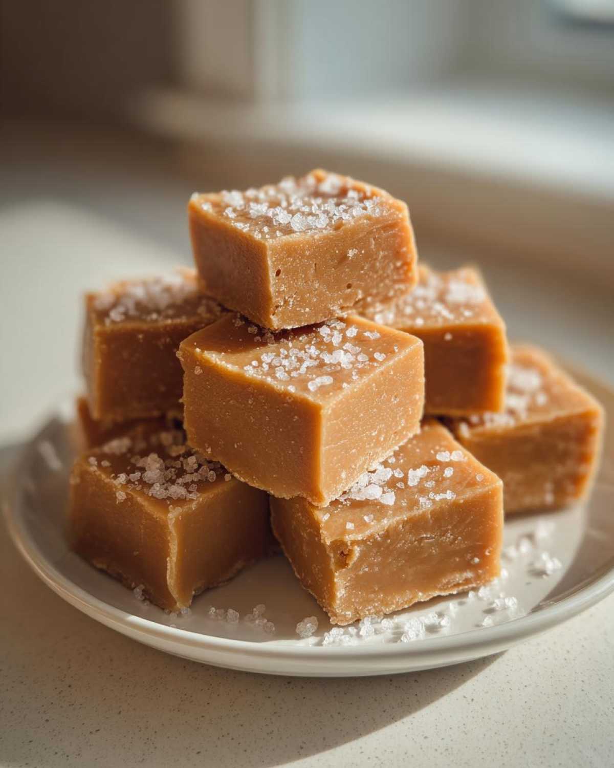 A stack of creamy, light brown maple fudge squares topped with flaky sea salt on a white plate.