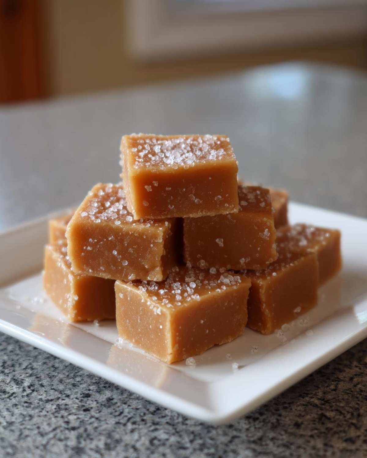 A stack of creamy, light brown maple fudge squares sprinkled with coarse sea salt on a white plate.