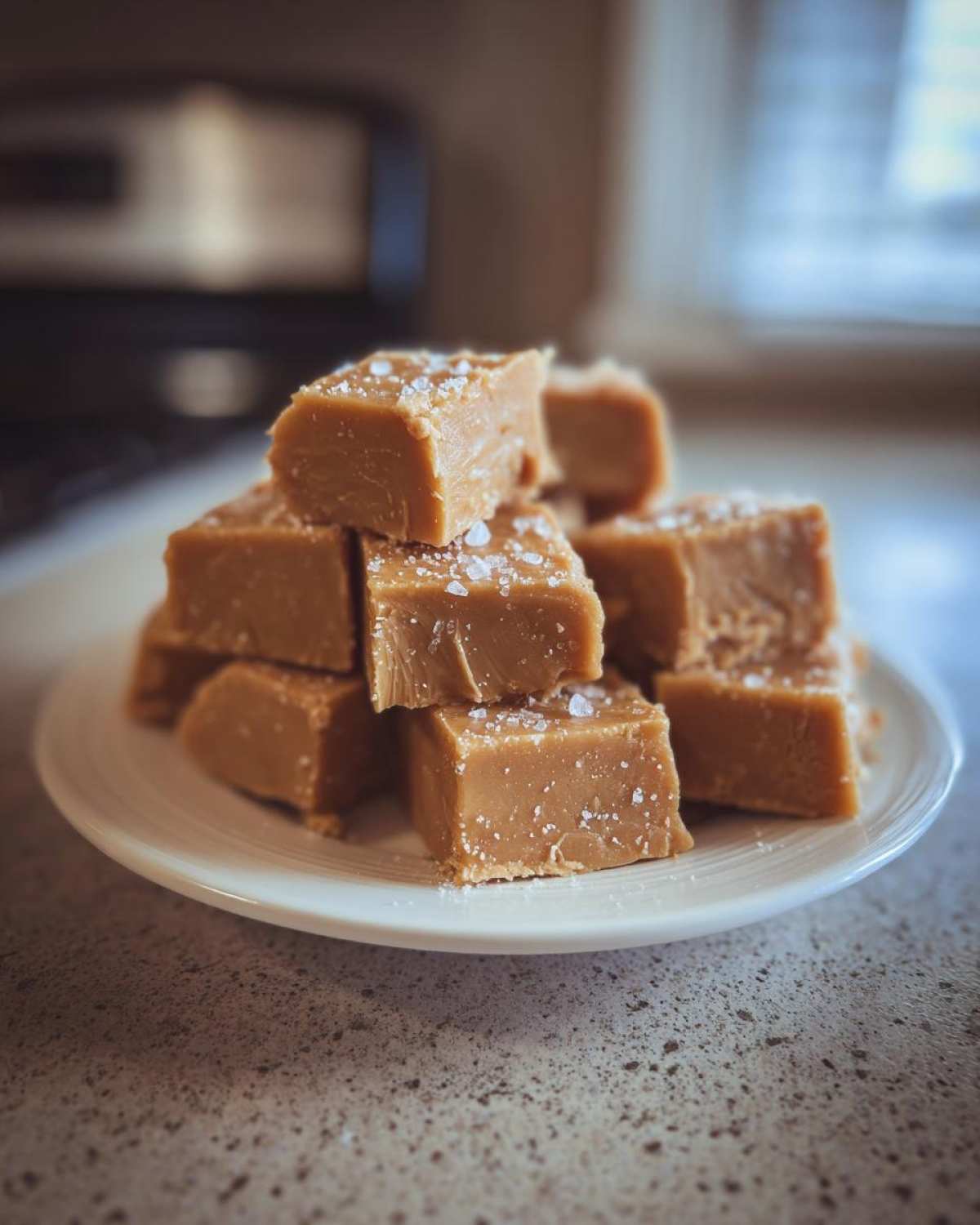 A stack of creamy maple fudge squares sprinkled with coarse sea salt on a white plate.