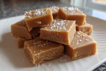 A stack of creamy, light brown maple fudge squares sprinkled with coarse sea salt on a white plate.