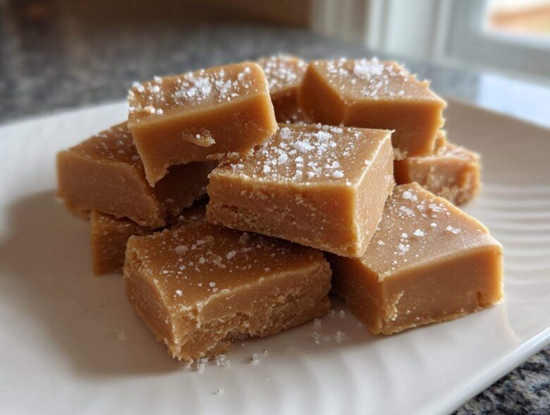 A stack of creamy, light brown maple fudge squares sprinkled with coarse sea salt on a white plate.