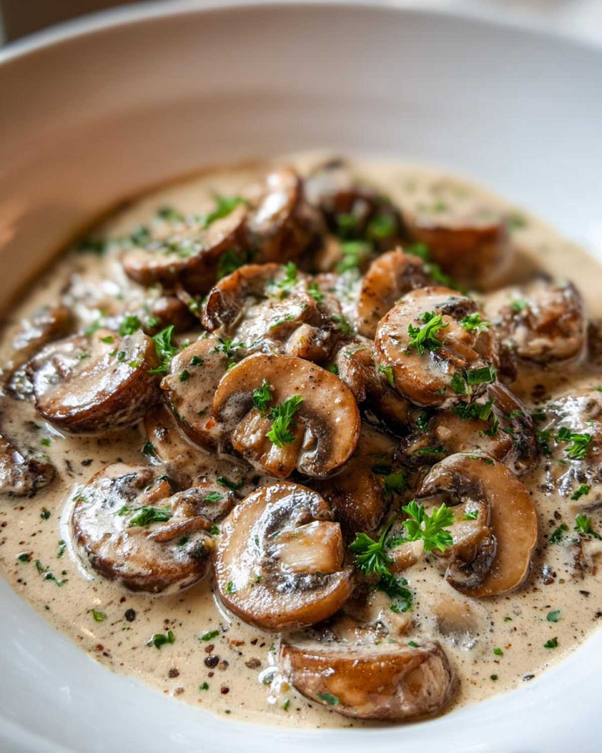 A close-up view of rich, creamy mushroom sauce loaded with sliced brown mushrooms and garnished with fresh parsley.