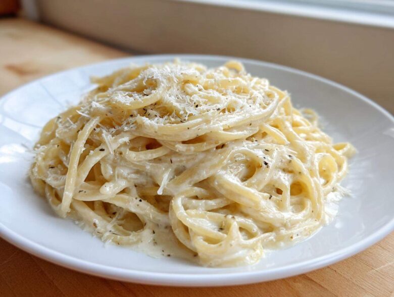 A close-up of creamy parmesan pasta tossed in a rich white sauce and topped with grated cheese and black pepper.