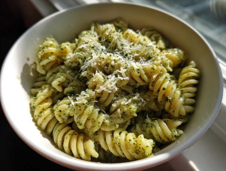 A close-up view of creamy pesto pasta made with fusilli noodles, topped with grated Parmesan cheese.