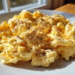 Close-up of fluffy, creamy scrambled eggs generously topped with freshly cracked black pepper on a white plate.