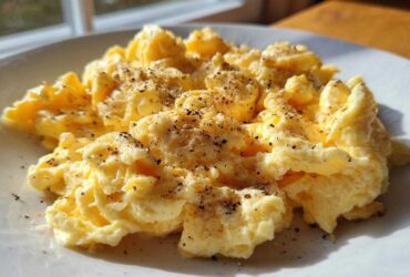 Close-up of fluffy, creamy scrambled eggs generously topped with freshly cracked black pepper on a white plate.