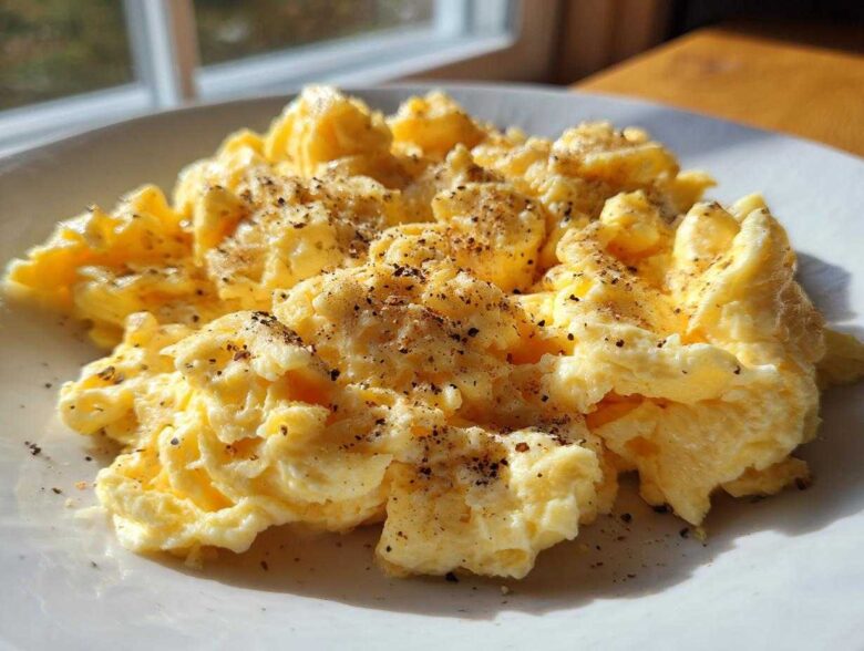 Close-up of fluffy, creamy scrambled eggs generously topped with freshly cracked black pepper on a white plate.