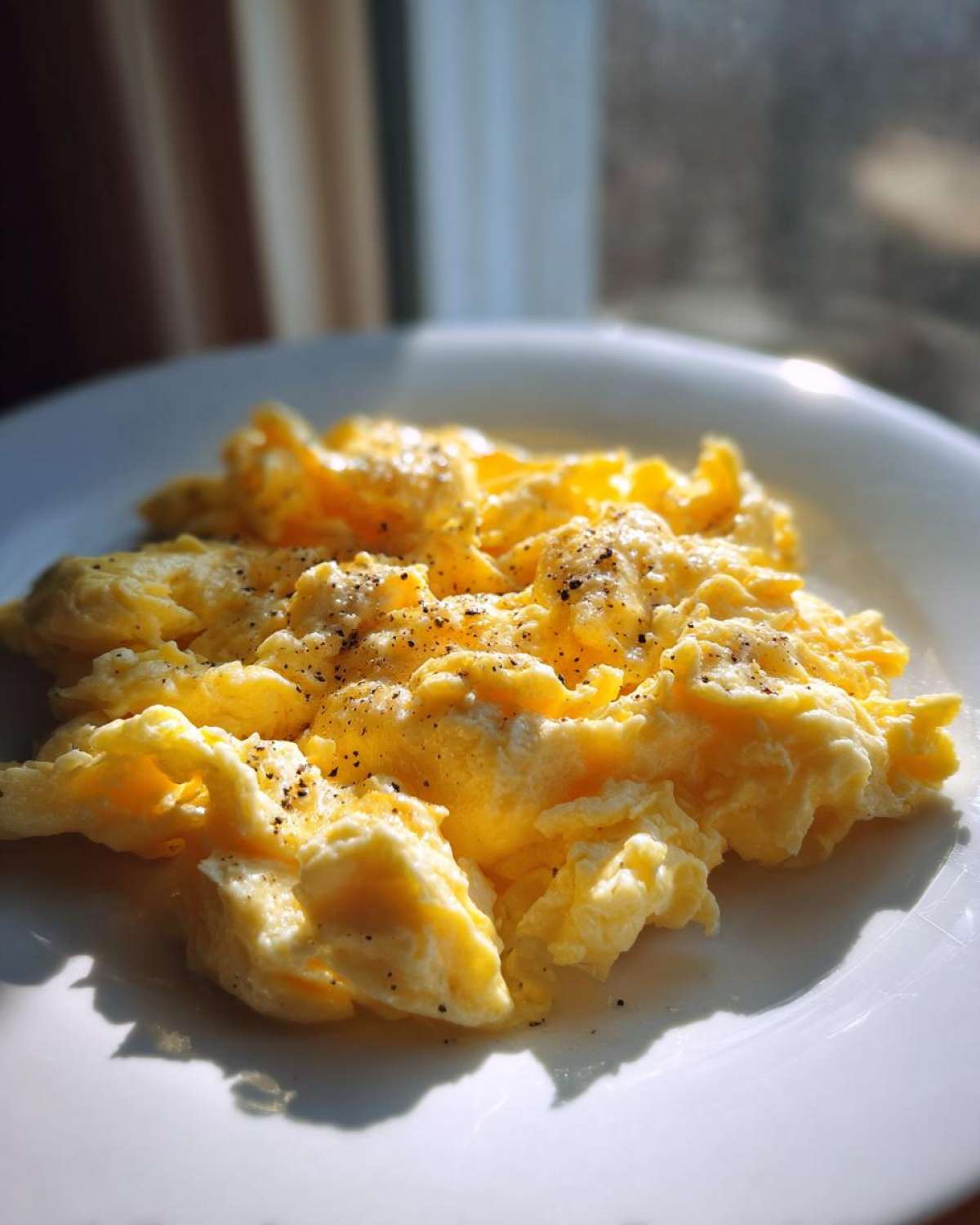 Close-up of creamy scrambled eggs seasoned with black pepper served on a white plate.
