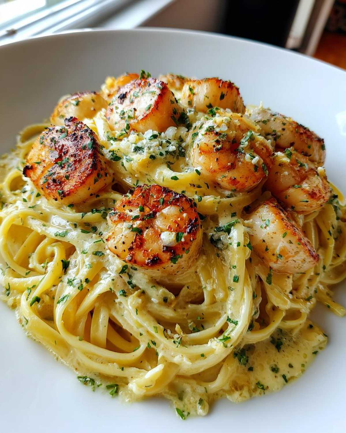 Close-up of creamy seafood pasta topped with perfectly seared scallops and shrimp, garnished with parsley.