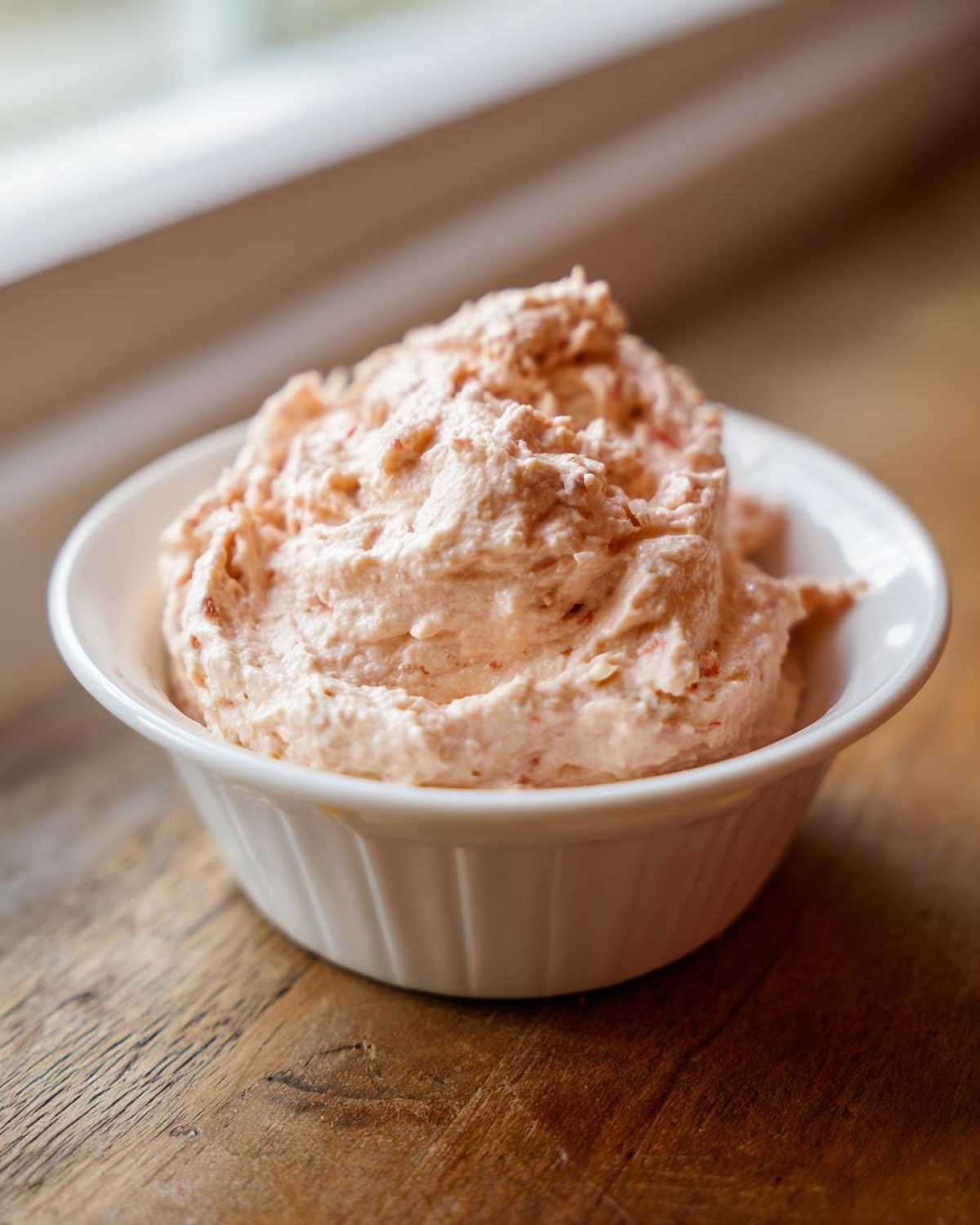 A close-up of a creamy, pinkish tuna dip piled high in a small white fluted bowl on a wooden surface.