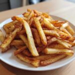 A close-up of a pile of golden, crispy air fryer french fries seasoned lightly and served on a white plate.