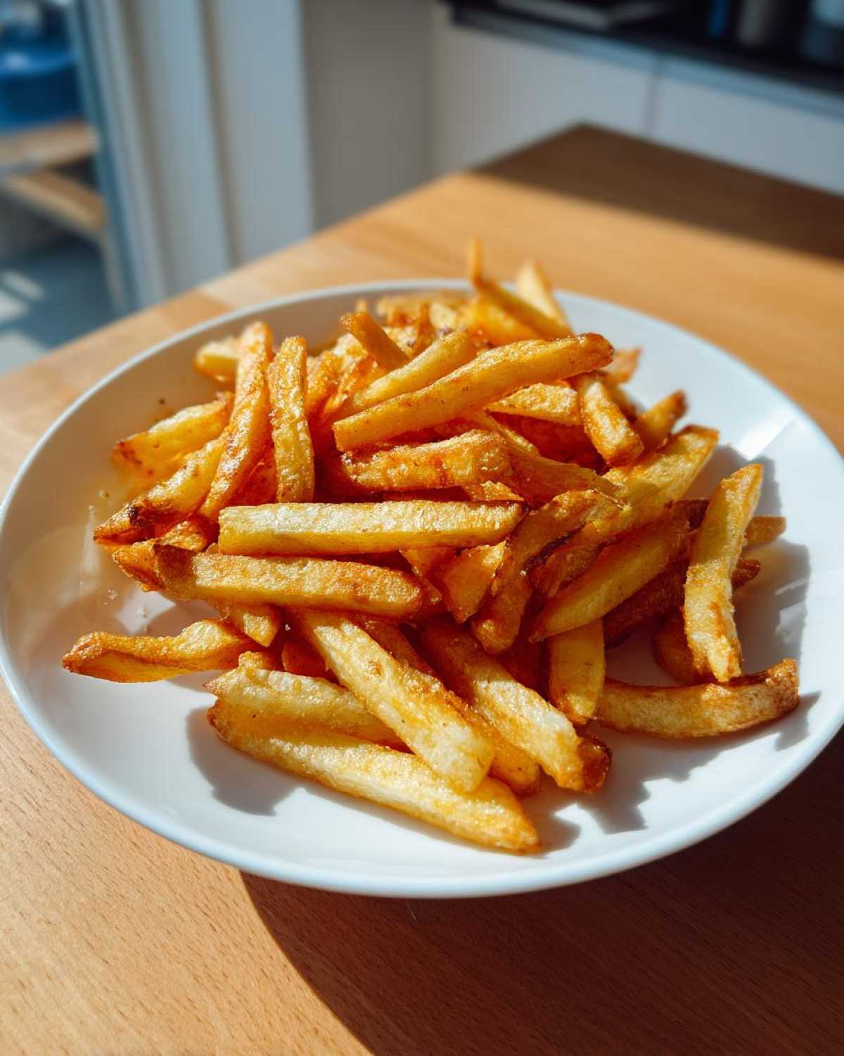 A close-up of golden, crispy air fryer french fries piled high on a white plate, illuminated by sunlight.