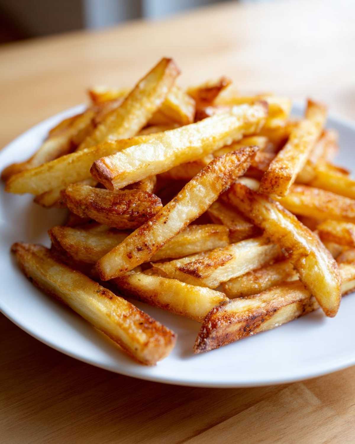Close-up of a generous serving of golden, crispy air fryer french fries piled high on a white plate.