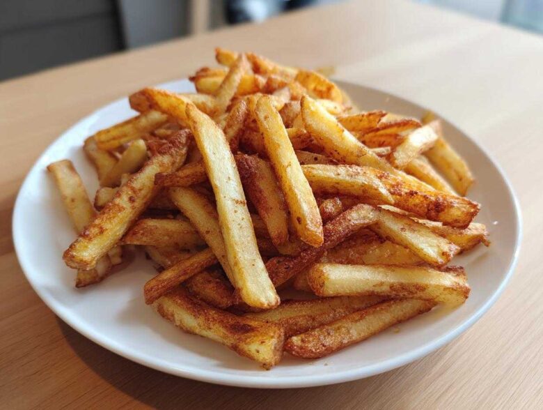 A close-up of a pile of golden, crispy air fryer french fries seasoned lightly and served on a white plate.