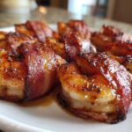 Close-up of several perfectly cooked, crispy bacon wrapped shrimp glistening with glaze on a white plate.