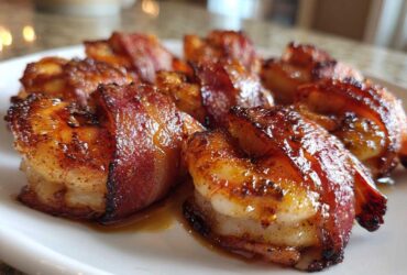 Close-up of several perfectly cooked, crispy bacon wrapped shrimp glistening with glaze on a white plate.