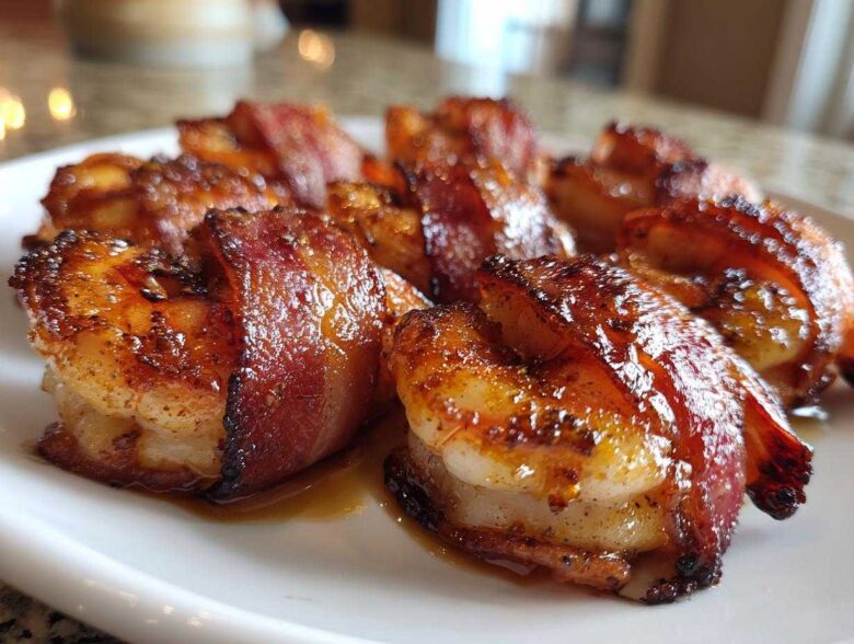 Close-up of several perfectly cooked, crispy bacon wrapped shrimp glistening with glaze on a white plate.