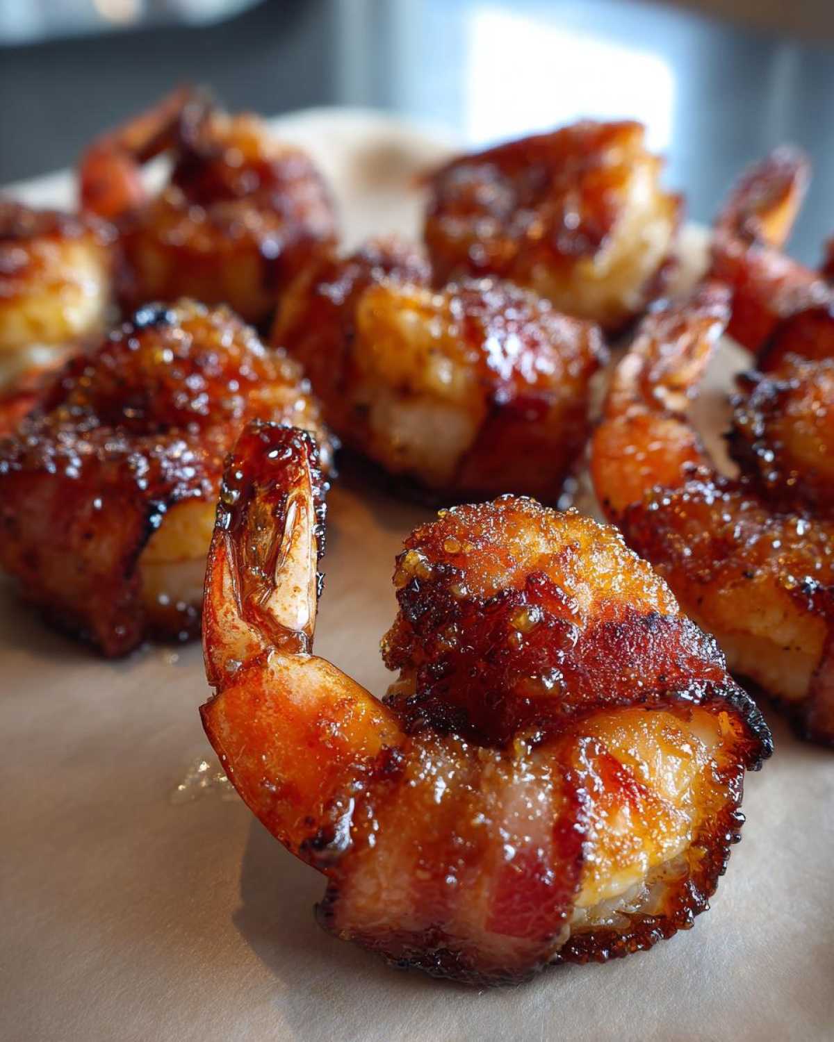 Close-up of a perfectly cooked, crispy bacon wrapped shrimp with a shiny glaze.